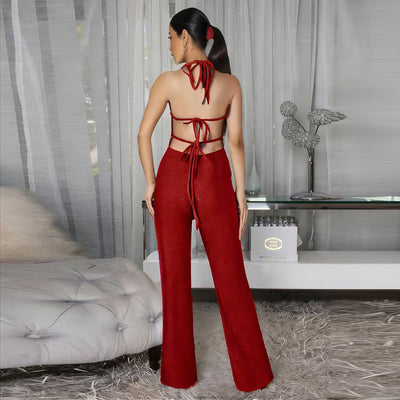 Red Halter Tie Backless Jumpsuit - Deep V Keyhole Wide Leg Flare