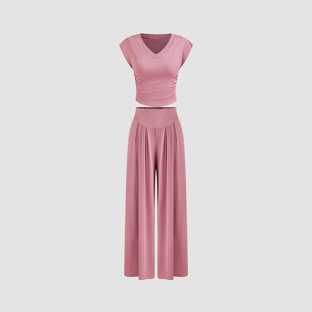 Pink V-Neck Crop Top Wide Leg Pants Set - Pleated Shoulder