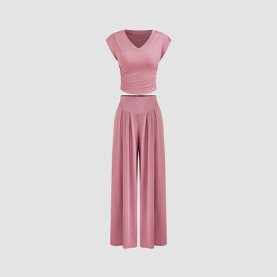 Pink V-Neck Crop Top Wide Leg Pants Set - Pleated Shoulder