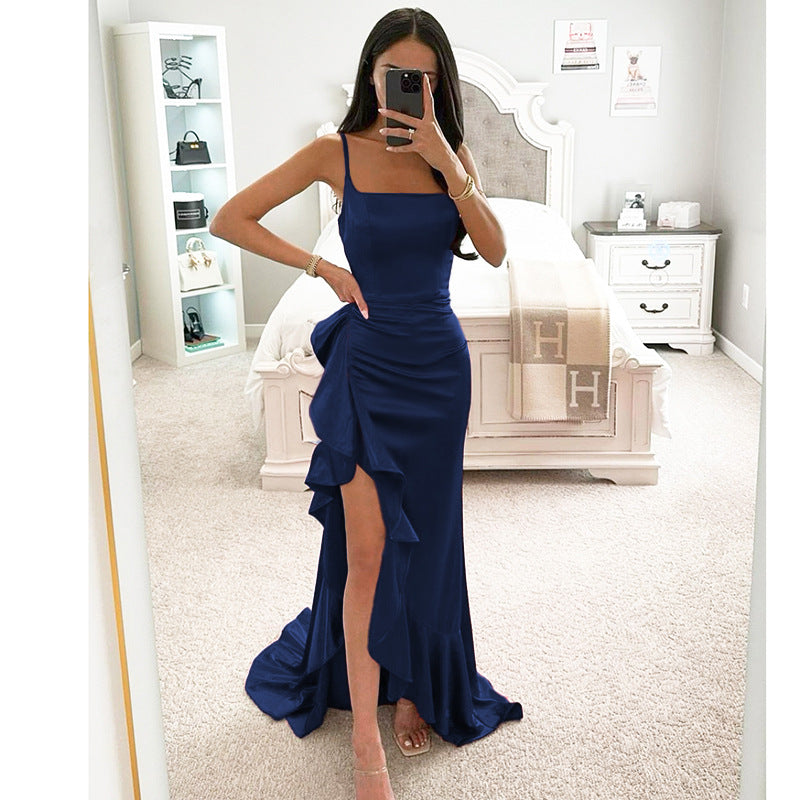 Satin Ruffle Hem Maxi Dress - Spaghetti Strap Asymmetric Slit Gown