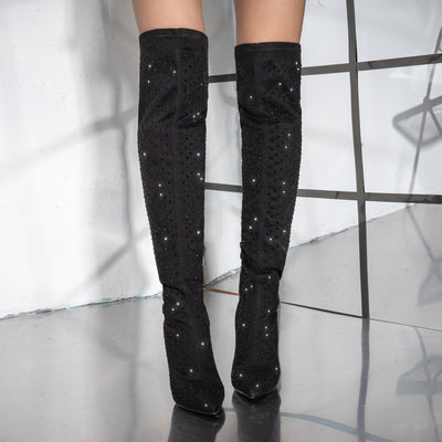 Black over-the-knee stiletto boots with allover sparkle and pointed toe