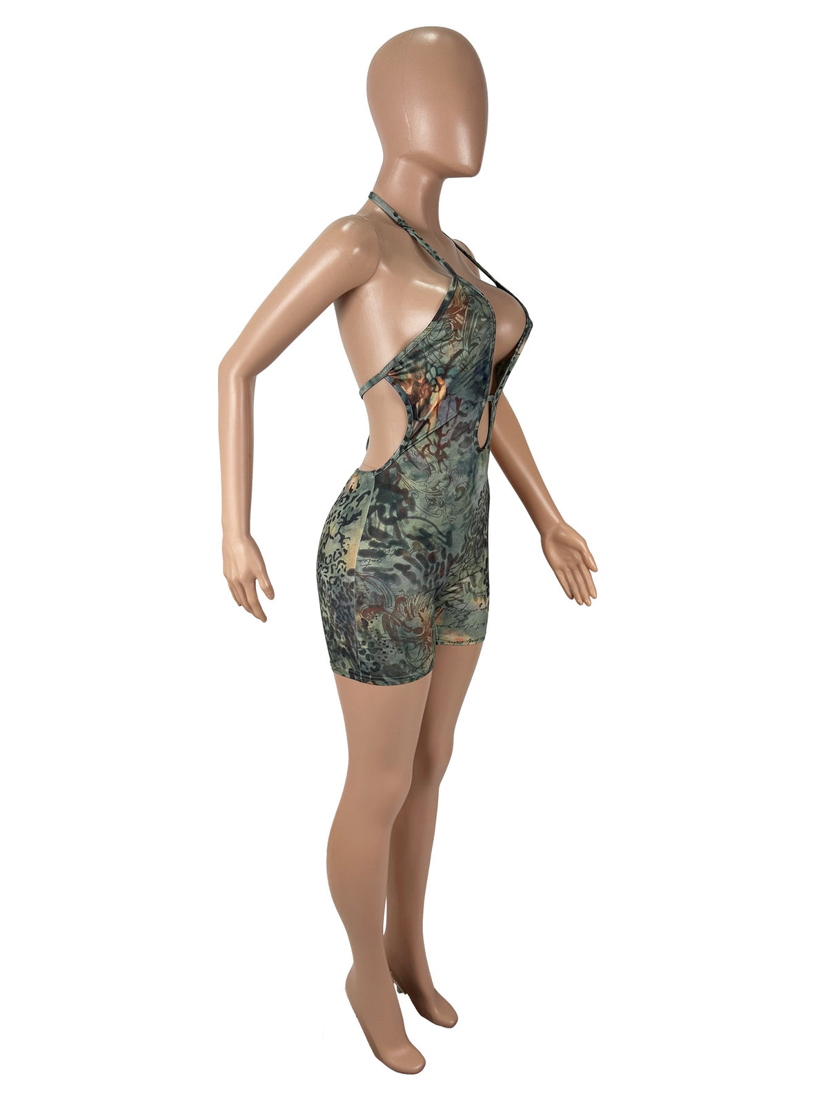 Halter Tie Romper - Plunge Cutout Keyhole Open Back Print