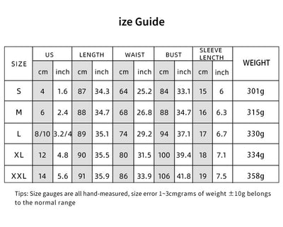 Size chart for elf costume dress: length, waist, bust, sleeve length, weight