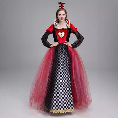 Queen of Hearts costume dress front view, red heart bodice, black checker skirt, tulle skirt