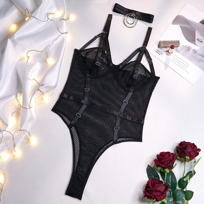 Sexy Lace Bodysuit with Choker - Slim Fit and Steel Ring Support