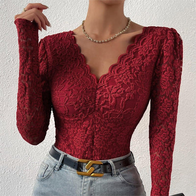 Wine red lace long-sleeve bodysuit with scalloped V-neck, fitted front