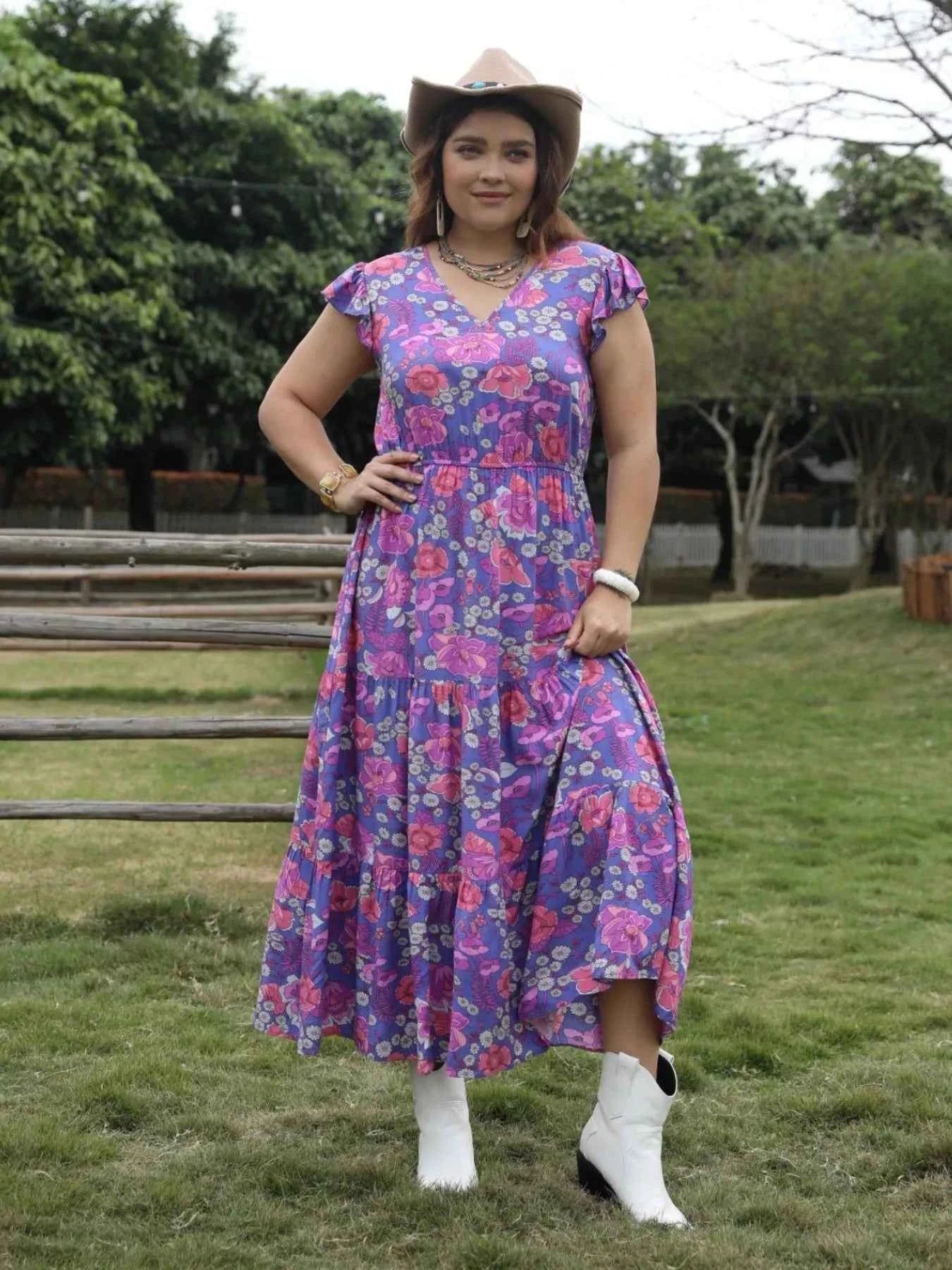 Plus Size Violet Floral Maxi Dress - Tiered Ruffle Sleeve