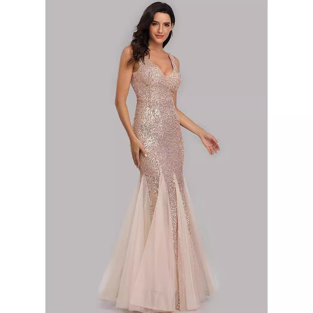 Sequin Mermaid Fishtail Evening Gown - Double V-Neck Tulle Hem