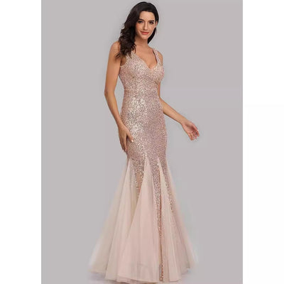 Sequin Mermaid Fishtail Evening Gown - Double V-Neck Tulle Hem