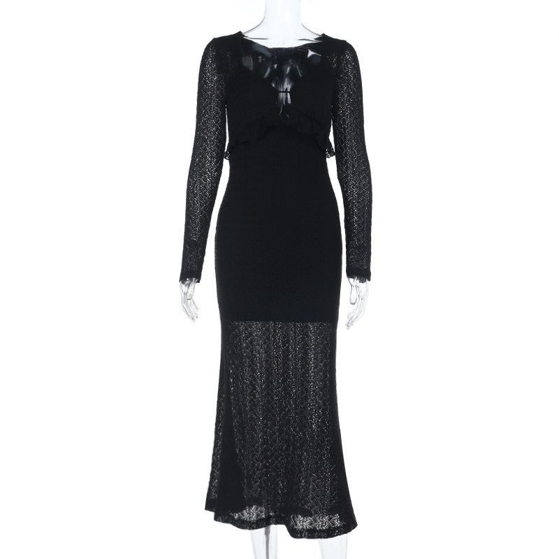 Ribbed Evening Gown - Long Sleeve V-Neck Bodycon Dress - Fashions Envy