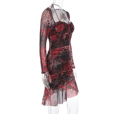 Mixed print mesh mini dress on hanger with ruched sweetheart bodice and ruffle hem