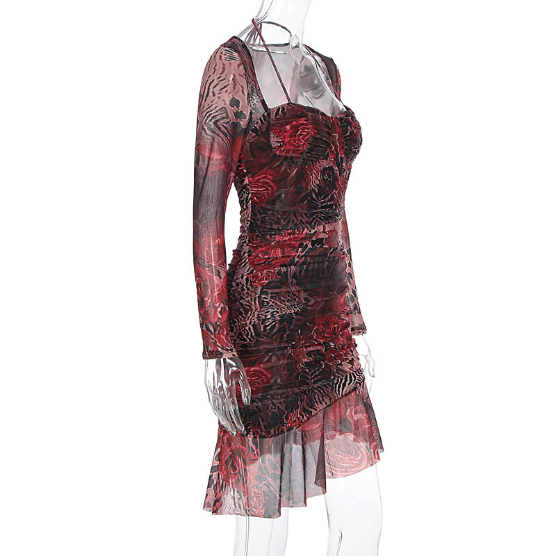 Mixed print mesh mini dress on hanger with ruched sweetheart bodice and ruffle hem