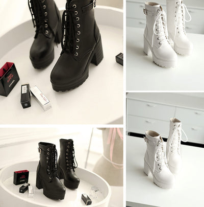 Chunky Heel Boots - Square Toe Martin Boot Style