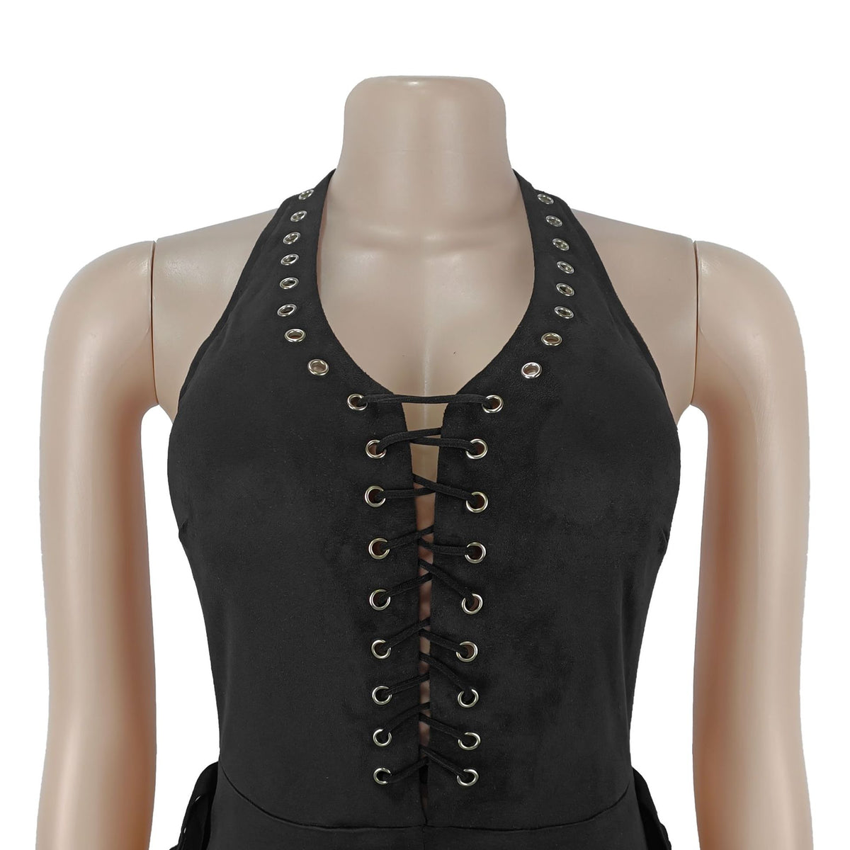 Black halter jumpsuit on mannequin with grommet lace-up neckline