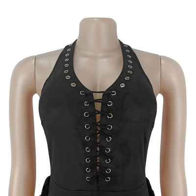 Black halter jumpsuit on mannequin with grommet lace-up neckline