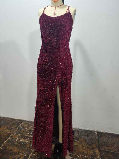 Sequin Camisole Maxi Dress - Thigh Split V-Neck Glam