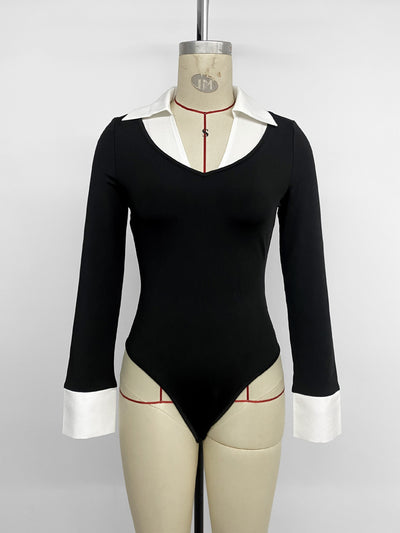 Black Long Sleeve Bodysuit - White Contrast Collar Cuff V-Neck