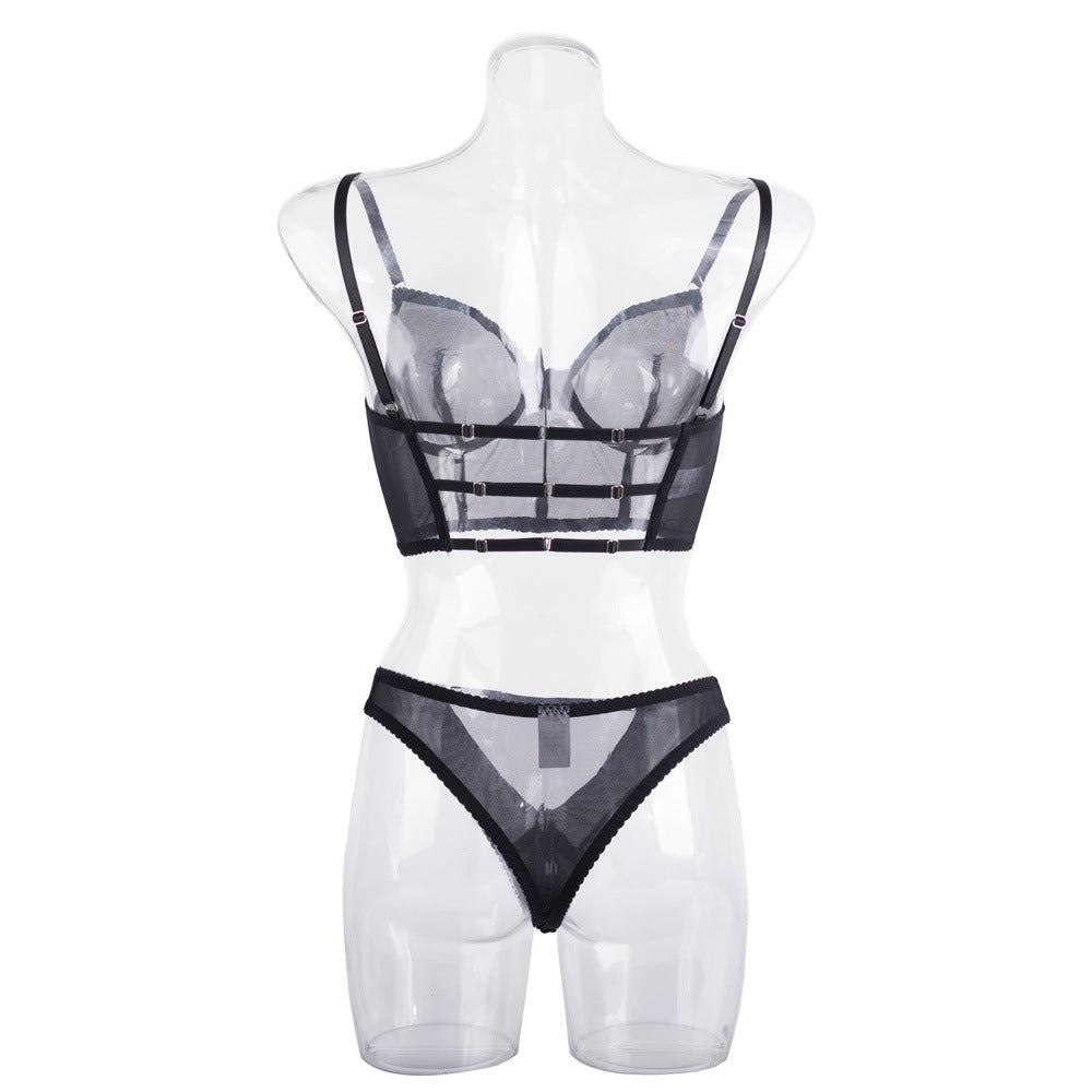Black mesh bustier and brief set with thin straps and geometric underband
