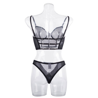 Black mesh bustier and brief set with thin straps and geometric underband