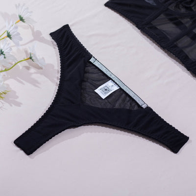 Black mesh thong with glitter-trim edge and sheer center panel