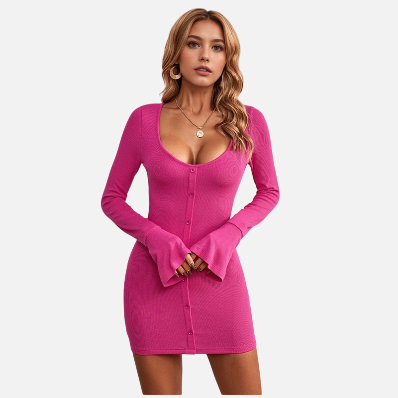 European and American style sexy hip hugging skirt single breasted U-neck knitted long sleeved dress