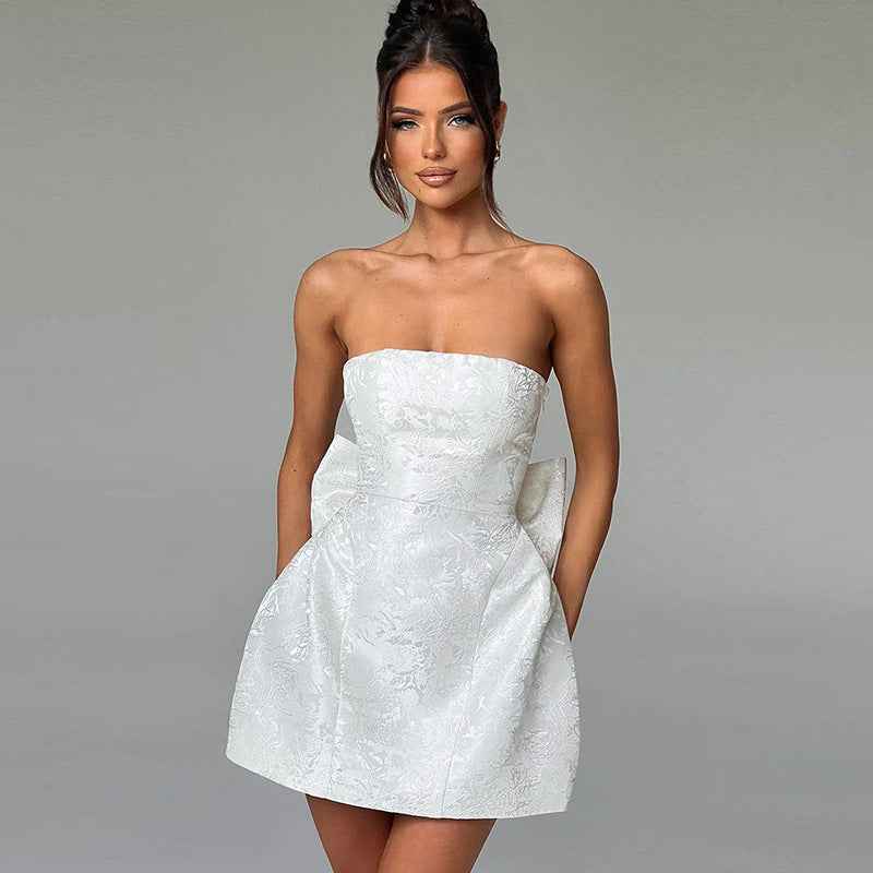 Jacquard Strapless Bow Mini Dress - A-Line Prom Gown