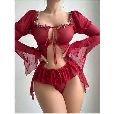 Red embroidered mesh lingerie set with puff sleeves, tie-front bodice, ruffled bottoms