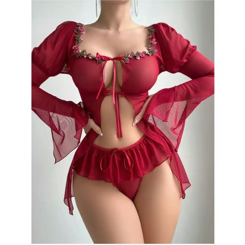 Red embroidered mesh lingerie set with puff sleeves, tie-front bodice, ruffled bottoms