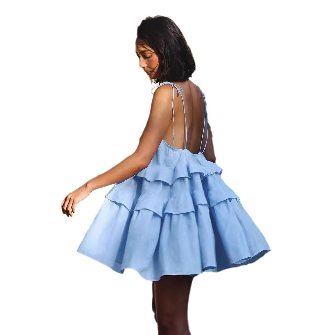 Summer Multi-layer Ruffled Mini Dress - Backless Adjustable Camisole