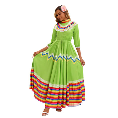 Folkloric Maxi Skirt Costume Dress - Rainbow Stripe Ruffle Hem