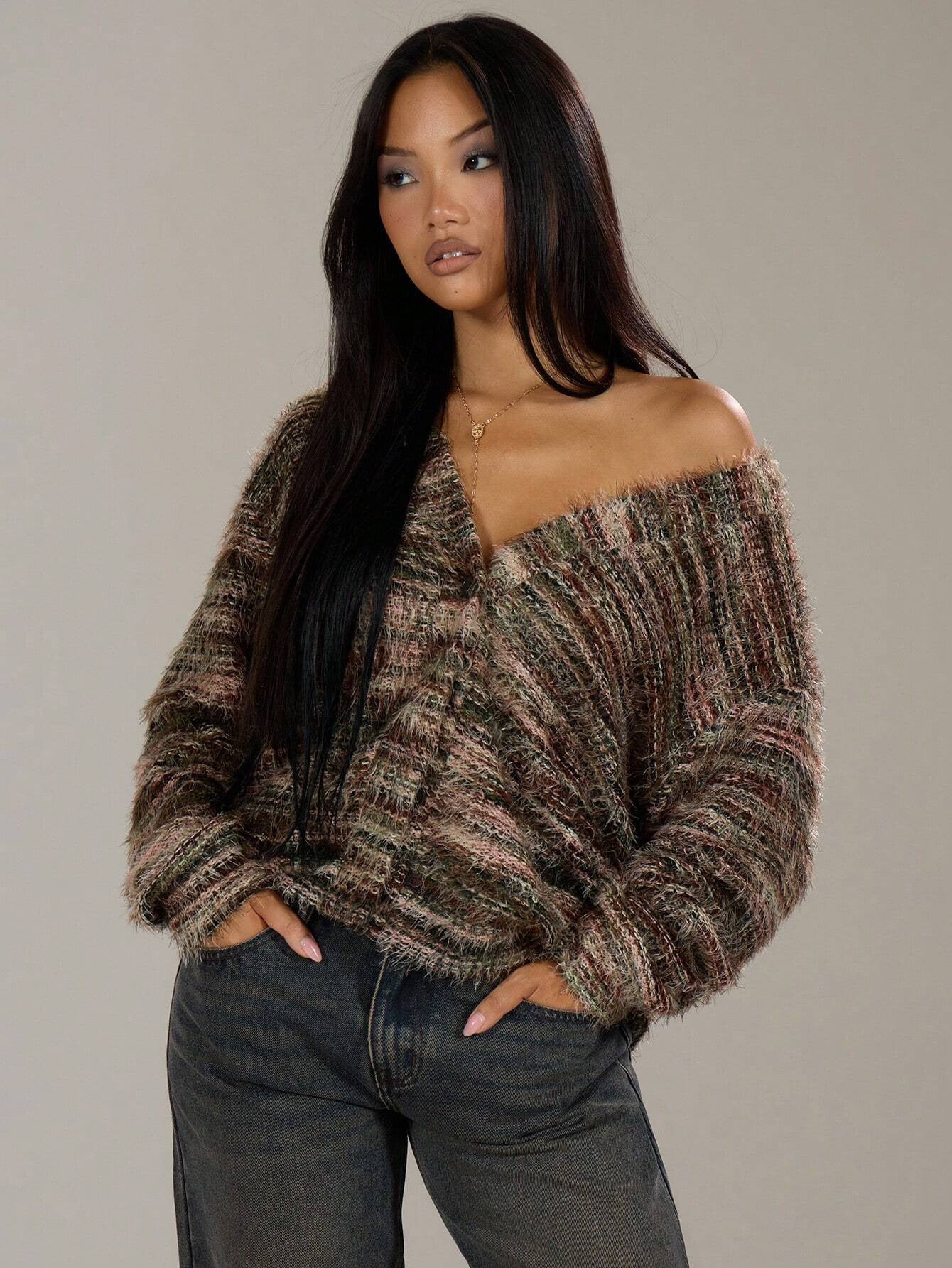 Melange Fleece Long Sleeve Cardigan - Vintage Deep V-Neck