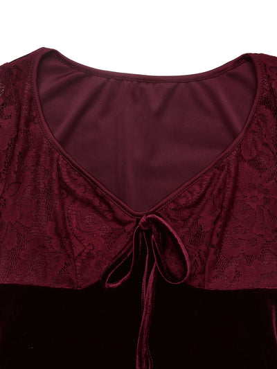 Burgundy mini dress with lace sleeves, V-neck, and front ribbon bow detail