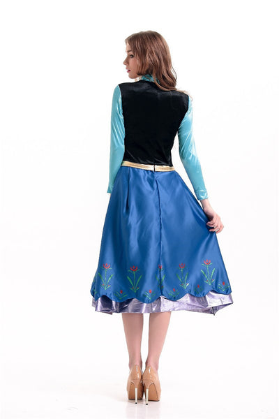 Blue and teal princess costume dress with black bodice, gold trim, floral hem