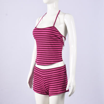 Striped Halter Neck Outfit - Crop Top Shorts Set