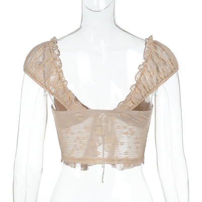 Khaki lace crop top on mannequin with scoop neckline and cap-sleeve ruffles