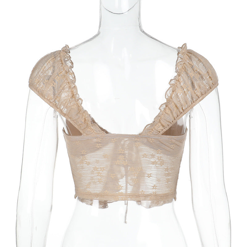 Khaki lace crop top on mannequin with scoop neckline and cap-sleeve ruffles