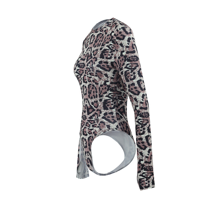 Leopard Print Mesh Top - Long Sleeve Sheer Fitted Bodysuit