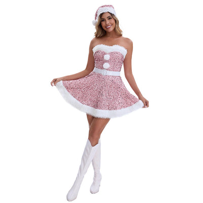 Sequin Santa Mini Dress - Strapless Faux Fur Trim Holiday Set