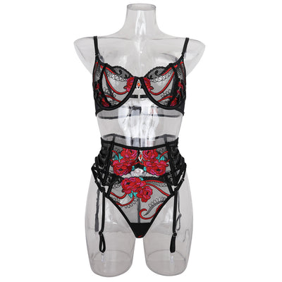 Black lace lingerie set with red floral embroidery, underwire bra and high-cut briefs