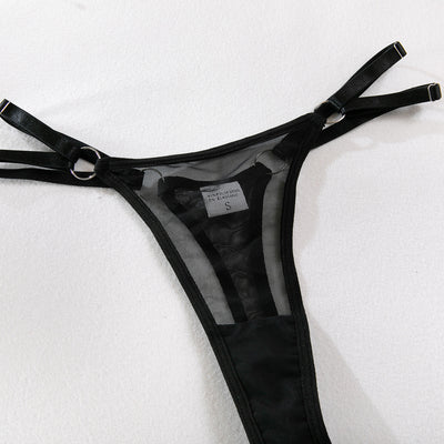 Mesh Garter Lingerie Set - Cross Straps And Ring Details