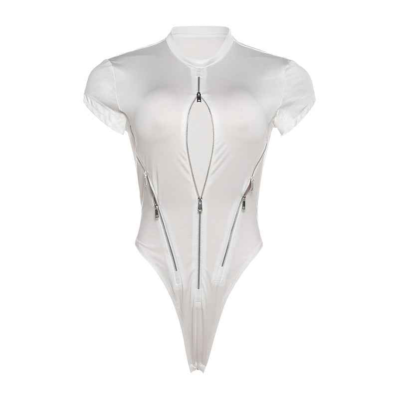 Zipper Sexy Cut-Out Bodysuit -  Bodycon Short Sleeve