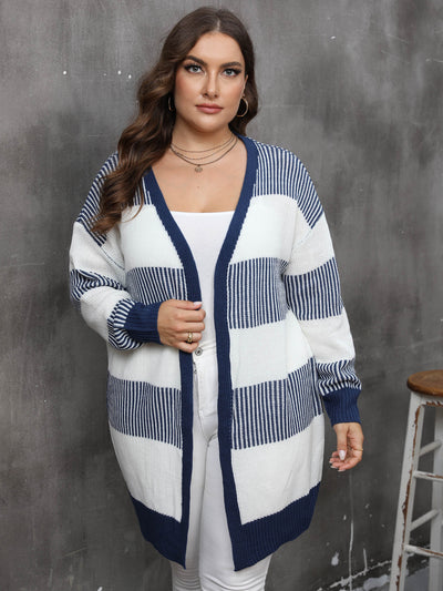 Plus-size striped knit cardigan sweater coat with white and navy blue color blocks