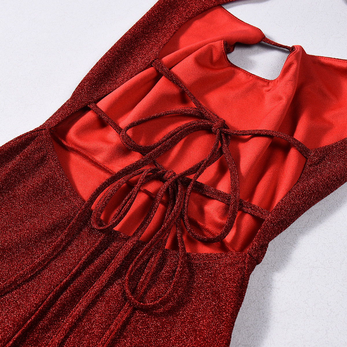 Red Halter Tie Backless Jumpsuit - Deep V Keyhole Wide Leg Flare