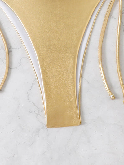 Metallic Halter Bikini Set – Shiny String Triangle Two-Piece