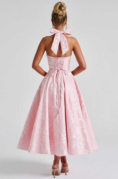 Jacquard Halter Midi Dress - Deep V Corset Waist A-Line Skirt