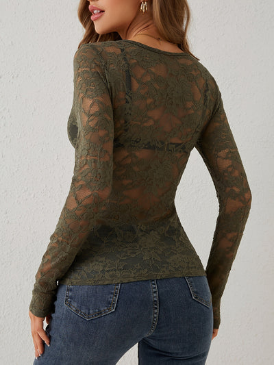 Intimate Lace Top - Sheer Floral Fan-Shaped Decoration