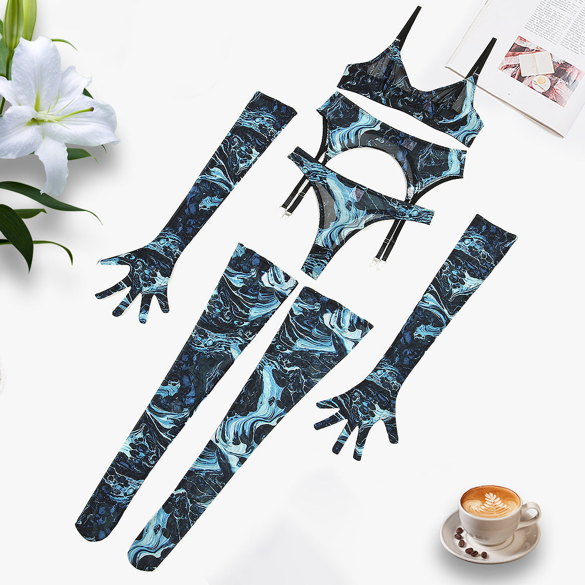 Abstract Print Mesh Five-Piece Lingerie Set - Garter and Gloves