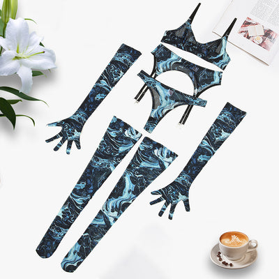 Abstract Print Mesh Five-Piece Lingerie Set - Garter and Gloves