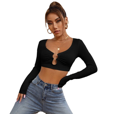 European and American sexy T-shirt ultra short crop exposed long sleeved top