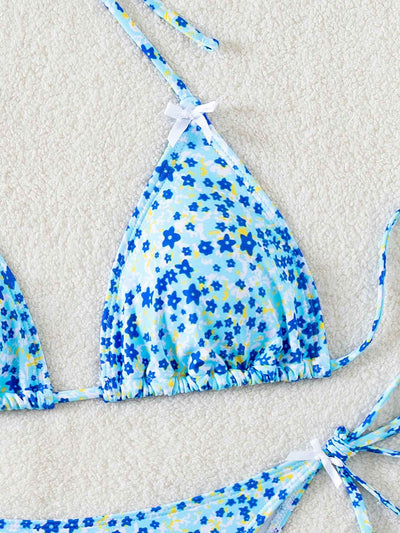 Floral Triangle Bikini - Lace Up Front Tie Bottoms Set
